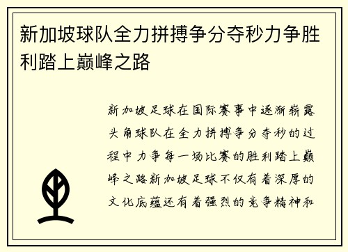 新加坡球队全力拼搏争分夺秒力争胜利踏上巅峰之路