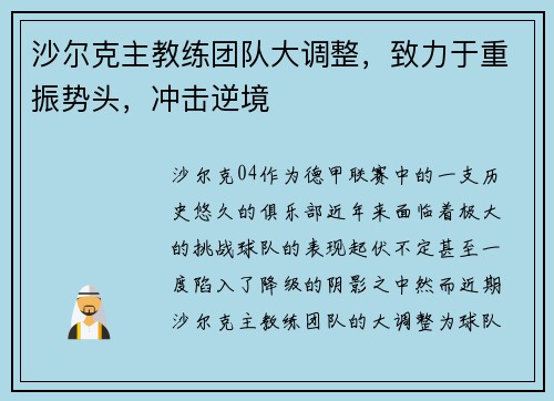 沙尔克主教练团队大调整，致力于重振势头，冲击逆境
